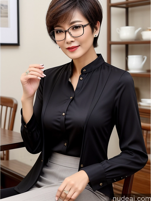 ai nude image of woman wearing black shirt and grey skirt sitting at table with a cigarette pics of Milf Perfect Boobs Perfect Body Beautiful Glasses Short Hair Chinese Cafe Blouse Bra Casual Professor Secretary Shirt Stylish Suit Detailed Cleavage 70s