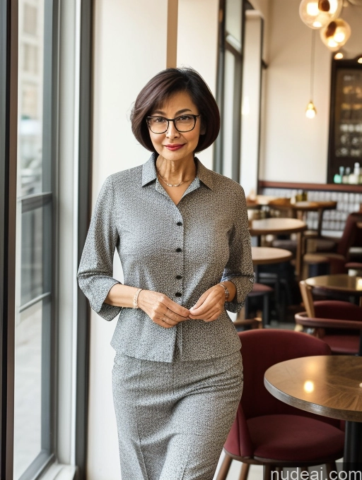 ai nude image of woman in a gray suit and glasses standing in a restaurant pics of Milf Perfect Boobs Perfect Body Glasses Short Hair Chinese Cafe Blouse Bra Casual Professor Secretary Shirt Stylish Suit Detailed Cleavage 70s