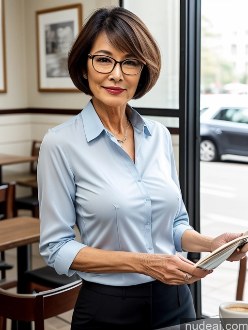 ai nude image of woman in blue shirt and black skirt holding a tablet in front of a window pics of Milf Perfect Boobs Perfect Body Glasses Short Hair Chinese Cafe Blouse Bra Casual Professor Secretary Shirt Stylish Suit Detailed Cleavage 70s