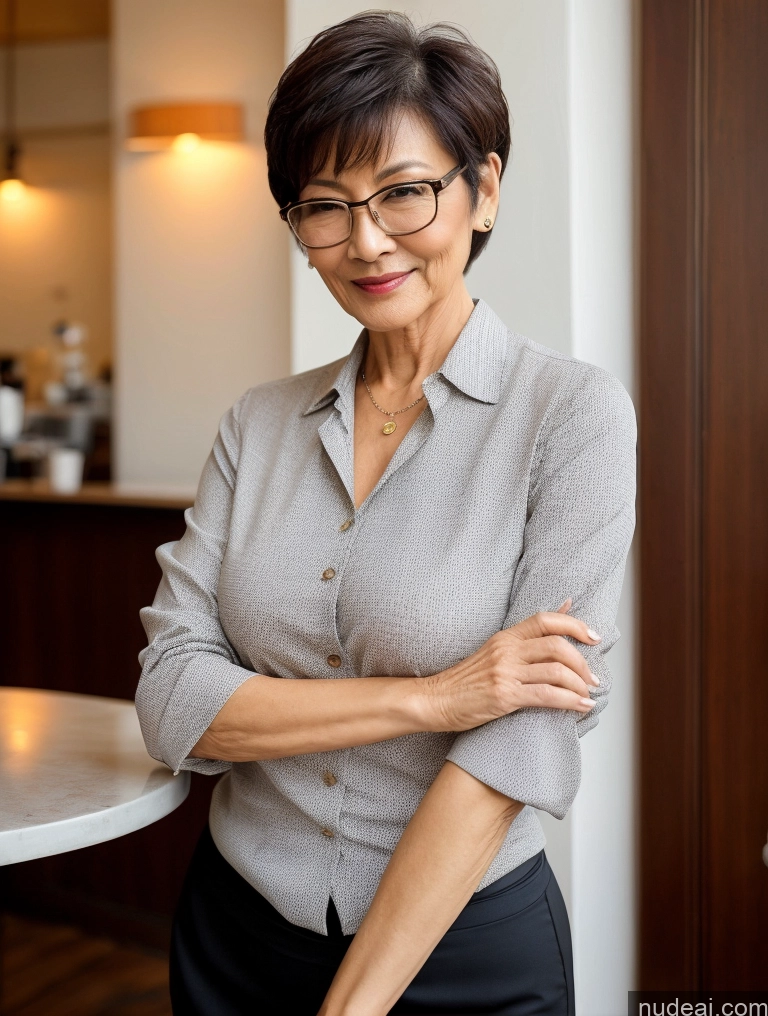 ai nude image of smiling woman in glasses standing in front of a table with a white table pics of Milf Perfect Boobs Perfect Body Glasses Short Hair Chinese Cafe Blouse Bra Casual Professor Secretary Shirt Stylish Suit Detailed Cleavage 70s