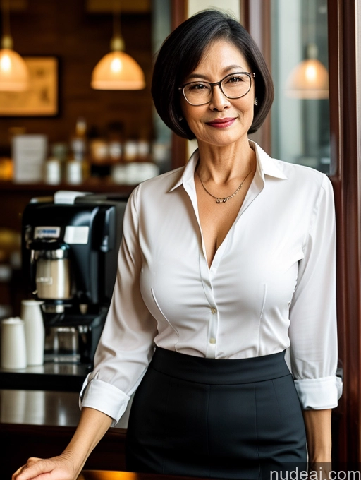 ai nude image of smiling woman in white shirt and black skirt standing in front of a counter pics of Milf Perfect Boobs Perfect Body Glasses Short Hair Chinese Cafe Blouse Bra Casual Professor Secretary Shirt Stylish Suit Detailed Cleavage 70s Dark Lighting