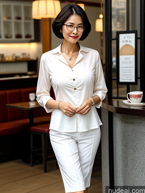 ai nude image of woman in white shirt and white shorts standing in front of a restaurant pics of Milf Perfect Boobs Perfect Body Glasses Short Hair Chinese Cafe Blouse Bra Casual Professor Secretary Shirt Stylish Suit Detailed Cleavage 70s Dark Lighting