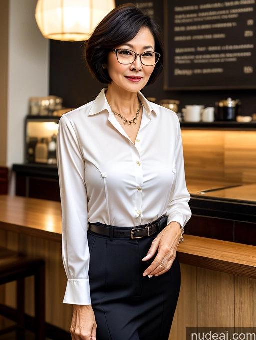 ai nude image of woman in white shirt and black skirt standing in front of a counter pics of Milf Perfect Boobs Perfect Body Glasses Short Hair Chinese Cafe Blouse Bra Casual Professor Secretary Shirt Stylish Suit Detailed Cleavage 70s Dark Lighting