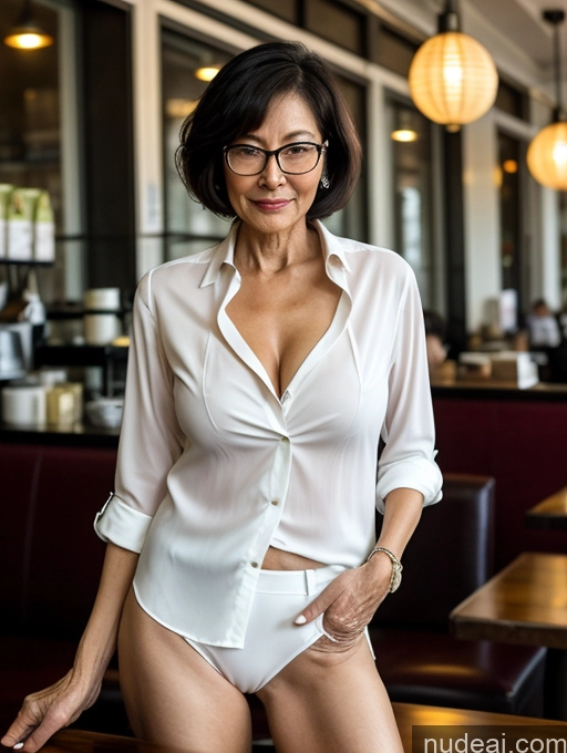 ai nude image of there is a woman in a white shirt and panties posing for a picture pics of Milf Perfect Boobs Perfect Body Glasses Short Hair Chinese Cafe Blouse Bra Casual Professor Secretary Shirt Stylish Suit Detailed Cleavage 70s Dark Lighting Partially Nude