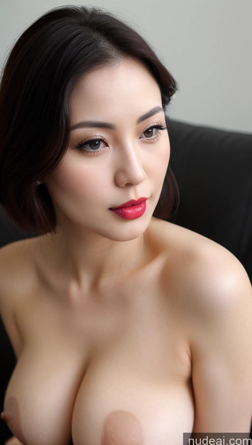 ai nude image of arafed asian woman with big breast sitting on a chair pics of Woman One Beautiful Lipstick Fairer Skin 30s Black Hair Close-up View Simple Detailed Vietnamese Slicked Busty Perfect Boobs