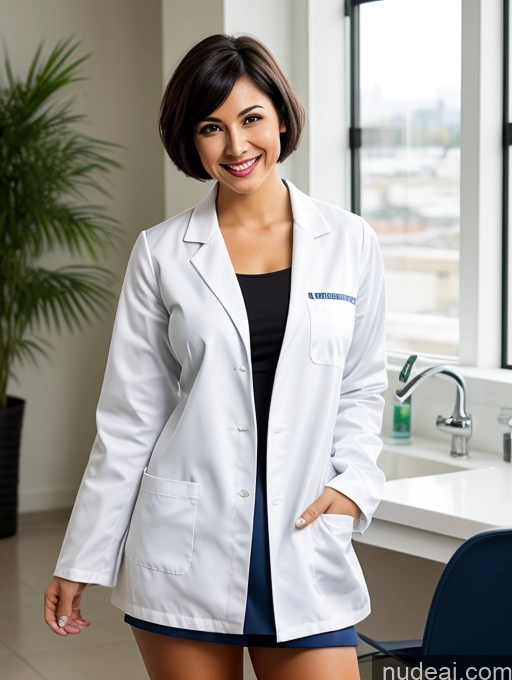 ai nude image of arafed woman in a lab coat standing in front of a window pics of Busty Perfect Boobs Beautiful Skinny Happy Black Hair Mini Skirt Lab Coat 20s British Short Hair