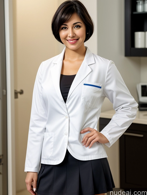 ai nude image of arafed woman in a white lab coat and black skirt posing for a picture pics of Busty Perfect Boobs Beautiful Skinny Happy Black Hair Mini Skirt Lab Coat 20s British Short Hair