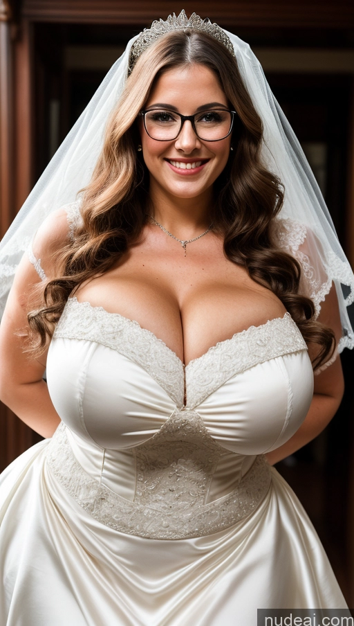 ai nude image of arafed woman in a wedding dress and glasses posing for a picture pics of Huge Boobs Busty Perfect Boobs Perfect Body Big Hips Beautiful Curly Hair Big Ass Long Legs Wedding Victorian British Happy Glasses