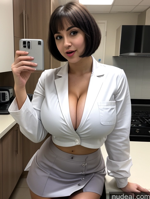 ai nude image of araffe woman in a white shirt and skirt taking a selfie pics of Busty Beautiful Skinny Mini Skirt Lab Coat 20s British Pixie Huge Boobs Sorority Ahegao Cleavage