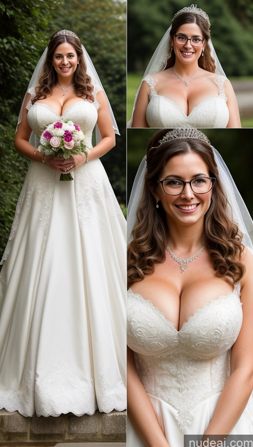 ai nude image of arafed bride in a wedding dress and glasses posing for a picture pics of Huge Boobs Busty Perfect Boobs Perfect Body Big Hips Beautiful Curly Hair Big Ass Long Legs Wedding Victorian British Happy Glasses 40s