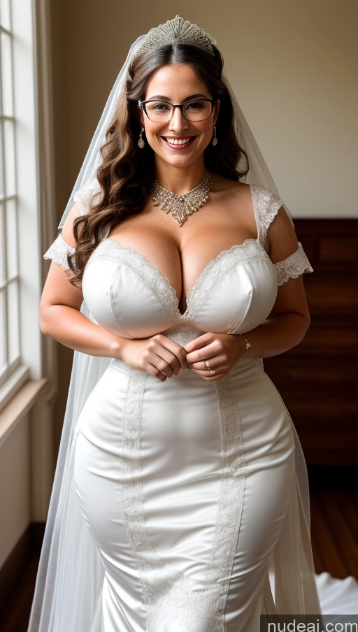 ai nude image of arafed woman in a wedding dress posing for a picture pics of Huge Boobs Busty Perfect Boobs Perfect Body Big Hips Beautiful Curly Hair Big Ass Long Legs Wedding Victorian British Happy Glasses 40s