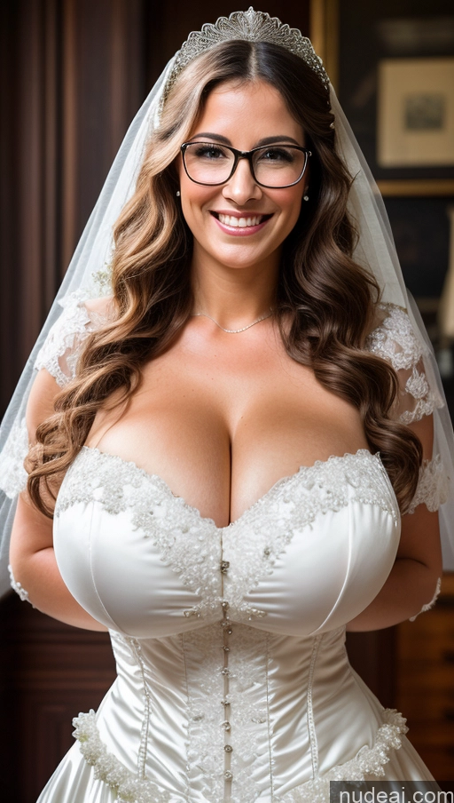 ai nude image of arafed woman in a wedding dress and glasses posing for a picture pics of Huge Boobs Busty Perfect Boobs Perfect Body Big Hips Beautiful Curly Hair Big Ass Long Legs Wedding Victorian British Happy Glasses 40s