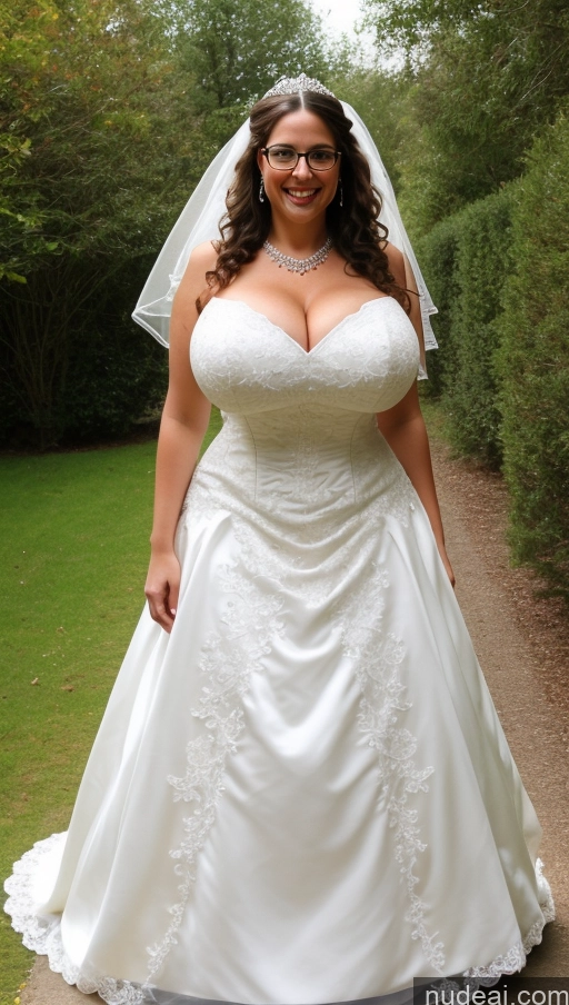 ai nude image of araffe woman in a wedding dress posing for a picture pics of Huge Boobs Busty Perfect Boobs Perfect Body Big Hips Beautiful Curly Hair Big Ass Long Legs Wedding Victorian Happy Glasses 40s Swedish