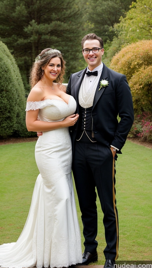 ai nude image of bride and groom posing for a photo in formal attire pics of Huge Boobs Busty Perfect Boobs Perfect Body Big Hips Beautiful Curly Hair Big Ass Long Legs Wedding Victorian Happy Glasses Swedish Woman + Man