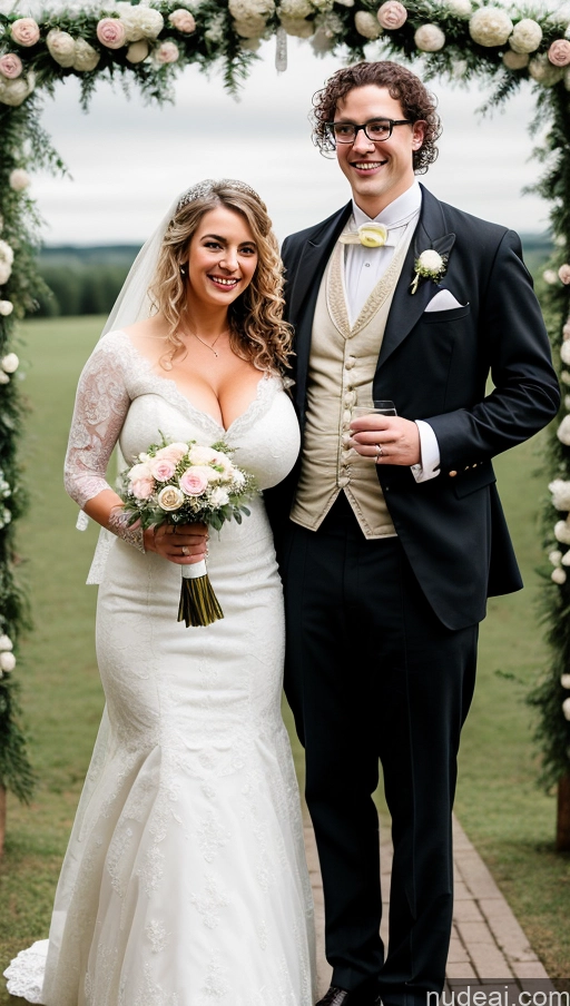 ai nude image of bride and groom standing under a floral arch at a wedding pics of Huge Boobs Busty Perfect Boobs Perfect Body Big Hips Beautiful Curly Hair Big Ass Long Legs Wedding Victorian Happy Glasses Swedish Woman + Man