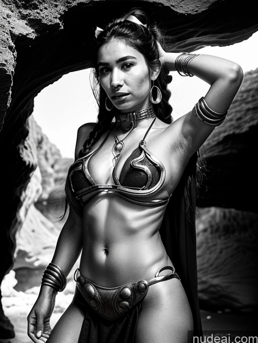 ai nude image of arafed woman in a bikini and a cape posing for a picture pics of 20s Black Hair Long Hair Front View Tanned Skin Jewelry Woman Native American Slavekini, Aka Slave Leia Outfit Hell Black And White