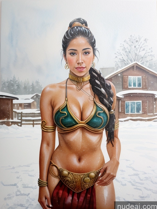 ai nude image of painting of a woman in a bikini and a red skirt in the snow pics of 20s Black Hair Long Hair Front View Tanned Skin Jewelry Woman Slavekini, Aka Slave Leia Outfit White Snow Watercolor