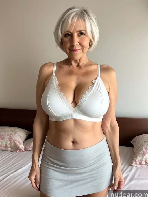 ai nude image of there is a woman in a white bra top and skirt posing for a picture pics of Milf Busty Small Ass Skinny Pubic Hair 70s White Hair Pixie Bedroom Crop Top Micro Skirt Cleavage