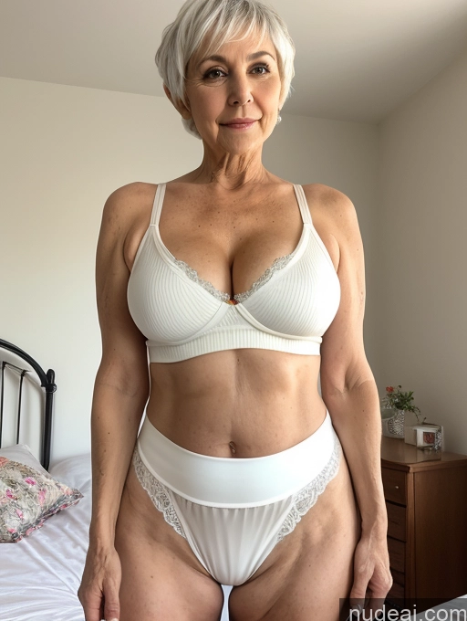 ai nude image of there is a woman in a white underwear posing for a picture pics of Milf Busty Small Ass Skinny Pubic Hair 70s White Hair Pixie Bedroom Crop Top Micro Skirt Cleavage