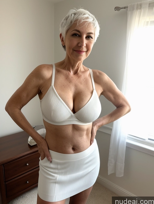 ai nude image of arafed woman in a white skirt and bra top posing for a picture pics of Milf Busty Small Ass Skinny Pubic Hair 70s White Hair Pixie Bedroom Crop Top Micro Skirt Cleavage