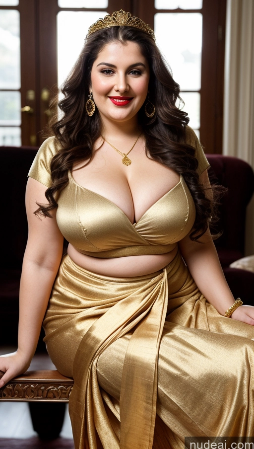 ai nude image of araffe woman in a gold dress posing for a picture pics of Milf Busty Beautiful Lipstick Thick Chubby Fat Big Hips Fairer Skin 20s Happy Seductive Brunette Long Hair Russian Party Front View Straddling Victorian Cleavage Gold Jewelry Sari Blouse Dirndl