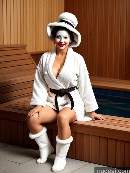 ai nude image of woman in white robe and hat sitting on a bench in a sauna pics of Woman Model Milf One Two Busty Beautiful Seductive Blonde Brunette Ginger White Hair Black Hair Straight Pool Sauna Bathrobe Boots Clown Doctor Fur Hat Kimono Martial Arts