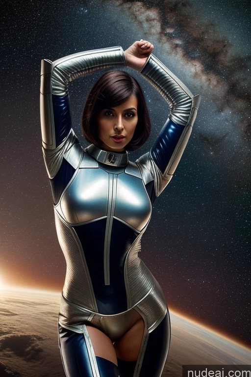 ai nude image of arafed woman in a silver and blue suit standing in front of a planet pics of Perfect Body 30s Portuguese Bobcut Sci-fi Armor Space Suit Small Tits