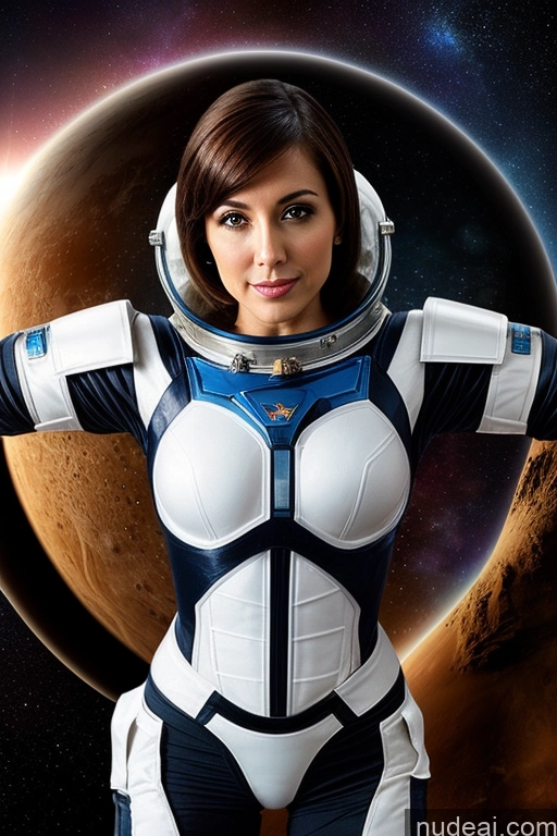 ai nude image of woman in space suit posing for a picture in front of a planet pics of Perfect Body 30s Portuguese Bobcut Sci-fi Armor Space Suit Small Tits