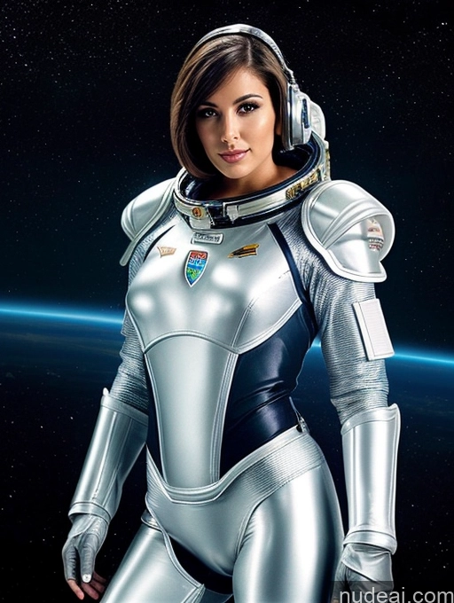 ai nude image of arafed woman in a space suit standing in front of a planet pics of Perfect Body 30s Portuguese Bobcut Sci-fi Armor Space Suit Small Tits Miss Universe Model