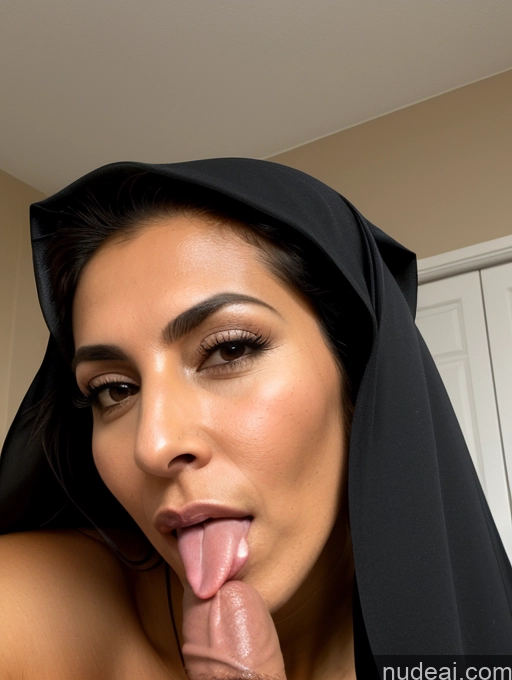 ai nude image of a close up of a woman with a black head scarf on her head pics of Milf Perfect Boobs Big Ass Tanned Skin 30s Sexy Face Brunette Long Hair Arabic Front View Pubic Hair Tall Blowjob Niqab Detailed One Skin Detail (beta) Bedroom