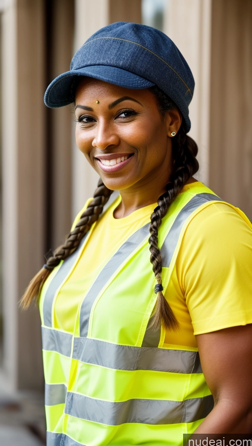 ai nude image of smiling woman in yellow shirt and blue hat standing outside pics of Muscular Thick Dark Skin Braided Construction Worker 70s Jeans Shocked Happy