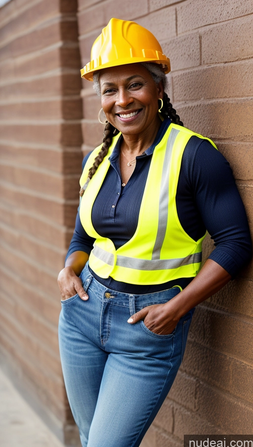 ai nude image of smiling woman in yellow safety vest leaning against brick wall pics of Muscular Thick Dark Skin Braided Construction Worker 70s Jeans Happy Boots