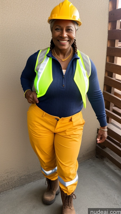 ai nude image of smiling woman in yellow safety vest and hard hat standing on sidewalk pics of Muscular Thick Dark Skin Braided Construction Worker 70s Jeans Happy Boots