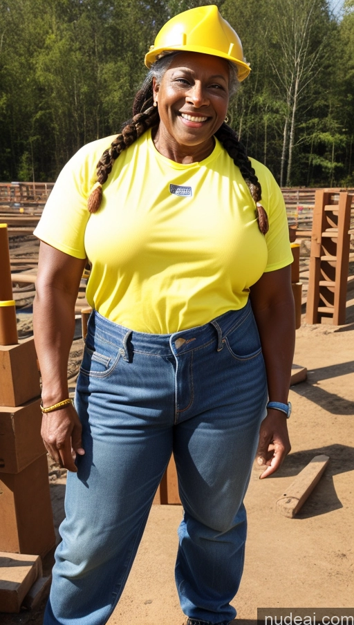 ai nude image of smiling woman in yellow hard hat standing in front of a construction site pics of Muscular Thick Dark Skin Braided Construction Worker 70s Jeans Happy Boots