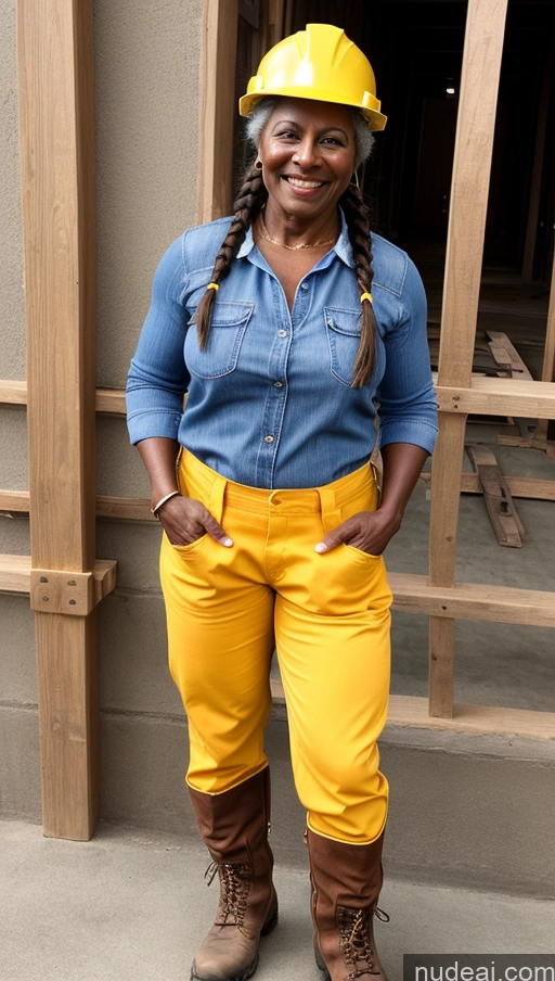 ai nude image of arafed woman in a hard hat and yellow pants standing in front of a building pics of Muscular Dark Skin Braided Construction Worker 70s Jeans Happy Boots