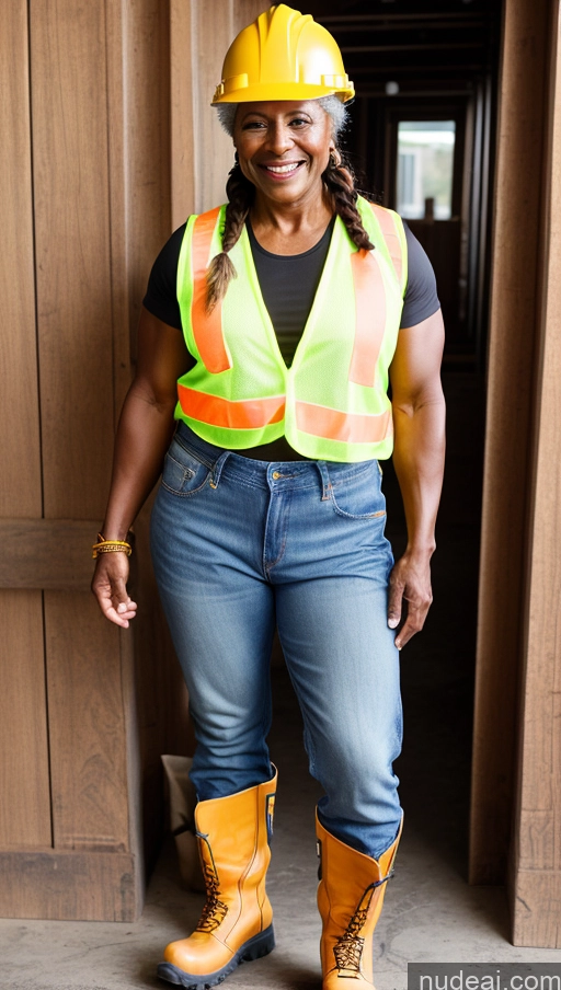 ai nude image of there is a woman wearing a safety vest and a hard hat pics of Muscular Dark Skin Braided Construction Worker 70s Jeans Happy Boots