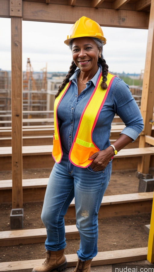 ai nude image of smiling woman in construction vest and hard hat standing on stairs pics of Muscular Dark Skin Braided Construction Worker 70s Jeans Happy Boots