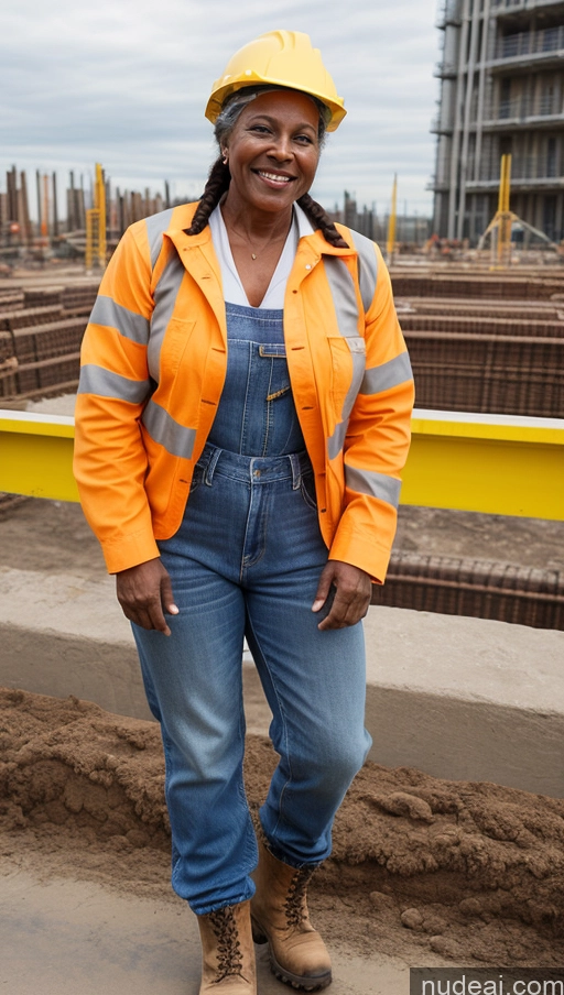 ai nude image of smiling woman in overalls and a hard hat standing in front of a construction site pics of Muscular Dark Skin Braided Construction Worker 70s Jeans Happy Boots