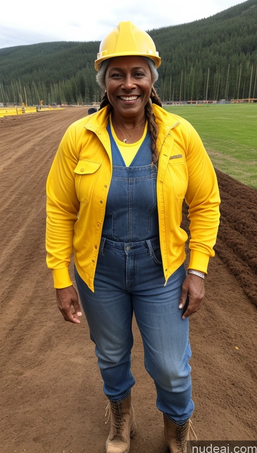 ai nude image of smiling woman in yellow jacket and overalls standing in dirt field pics of Muscular Dark Skin Braided Construction Worker 70s Jeans Happy Boots Athlete