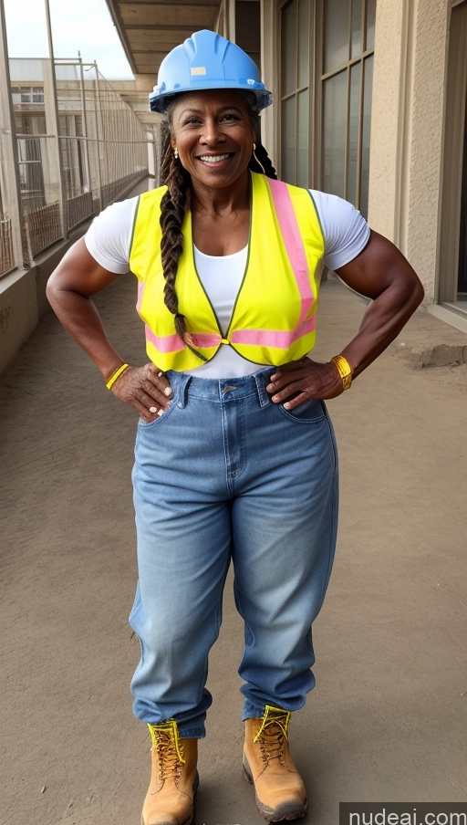 ai nude image of there is a woman in a hard hat and safety vest pics of Muscular Dark Skin Braided Construction Worker 70s Jeans Happy Boots Athlete