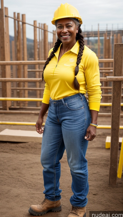 ai nude image of smiling woman in yellow shirt and jeans standing in front of a construction site pics of Muscular Dark Skin Braided Construction Worker 70s Jeans Happy Boots Athlete