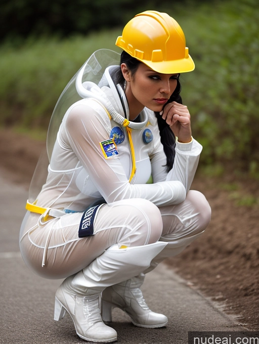 ai nude image of there is a woman in a white suit and yellow helmet crouching down pics of Perfect Boobs Small Tits Perfect Body Seductive Pigtails Squatting Transparent Sci-fi Armor Space Suit Front View Construction Worker White Hair Brazilian Miss Universe Model