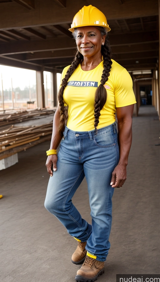 ai nude image of woman in yellow shirt and jeans standing in a construction area pics of Muscular Dark Skin Braided Construction Worker 70s Jeans Boots Athlete