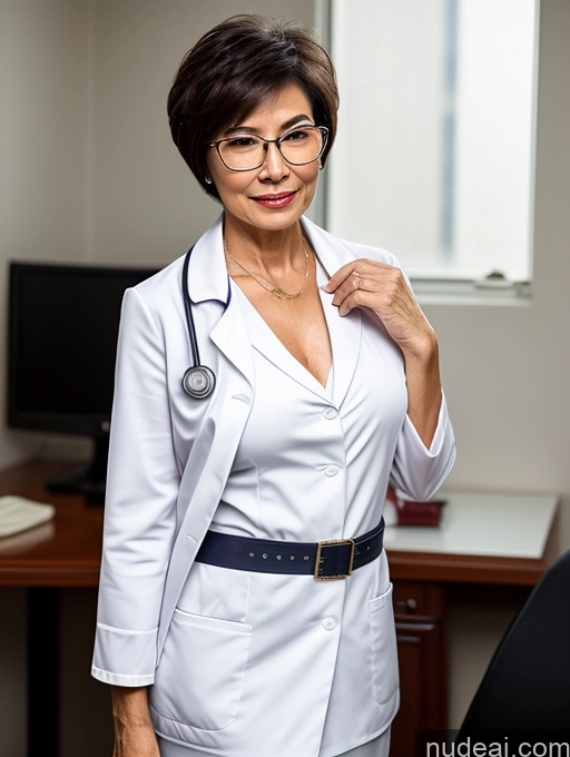 ai nude image of smiling woman in white lab coat and glasses standing in front of a desk pics of Perfect Boobs Perfect Body Pubic Hair Beautiful Glasses Sexy Face Short Hair Chinese Dark Lighting Detailed Milf Two 70s Doctor Blouse Lab Coat Suit Stylish Cleavage