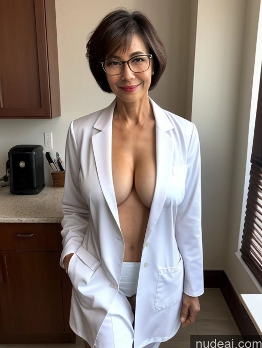 ai nude image of arafed woman in a lab coat posing for a picture pics of Perfect Boobs Perfect Body Pubic Hair Beautiful Glasses Sexy Face Short Hair Dark Lighting Detailed Milf Two Doctor Blouse Lab Coat Suit Stylish Cleavage Partially Nude Vietnamese 60s