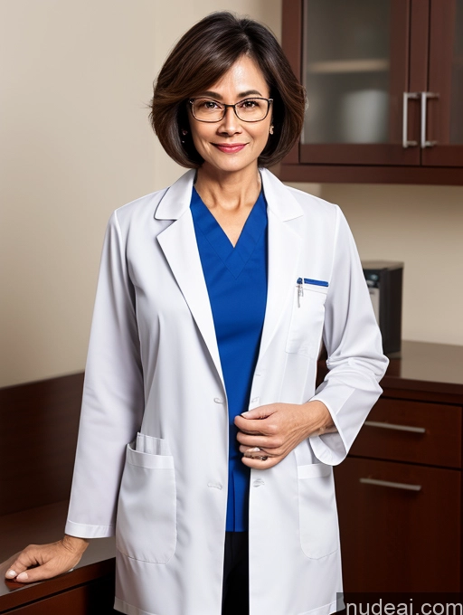 ai nude image of arafed woman in a lab coat standing in a kitchen pics of Perfect Boobs Perfect Body Pubic Hair Beautiful Glasses Sexy Face Short Hair Dark Lighting Detailed Milf Two Doctor Blouse Lab Coat Suit Stylish Cleavage Vietnamese 60s