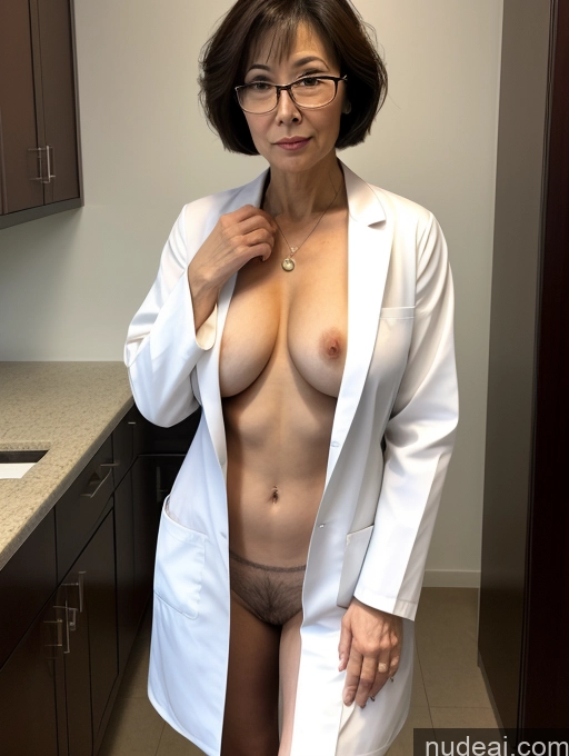 ai nude image of arafed woman in a lab coat and glasses posing for a picture pics of Perfect Boobs Perfect Body Pubic Hair Beautiful Glasses Sexy Face Short Hair Dark Lighting Detailed Milf Two Doctor Blouse Lab Coat Suit Stylish 60s Topless Japanese