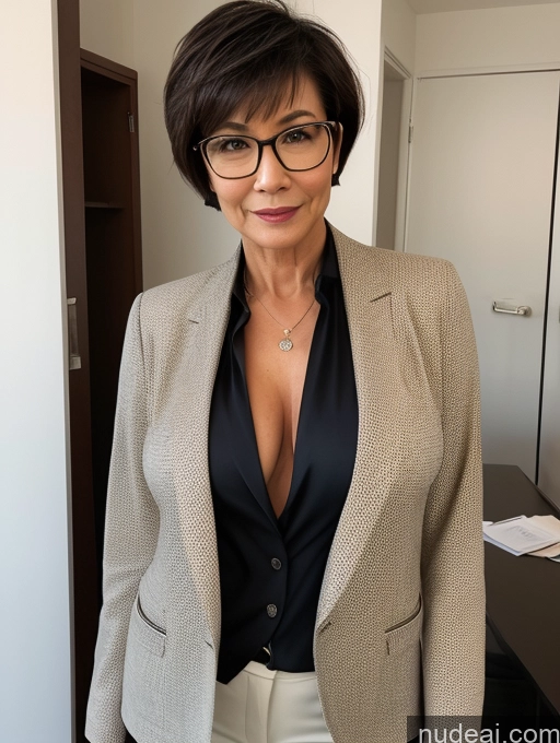 ai nude image of there is a woman wearing glasses and a blazer posing for a picture pics of Perfect Boobs Perfect Body Pubic Hair Beautiful Glasses Sexy Face Short Hair Dark Lighting Detailed Milf Two Blouse Suit Stylish 60s Topless Jacket Secretary Professor Casual Asian