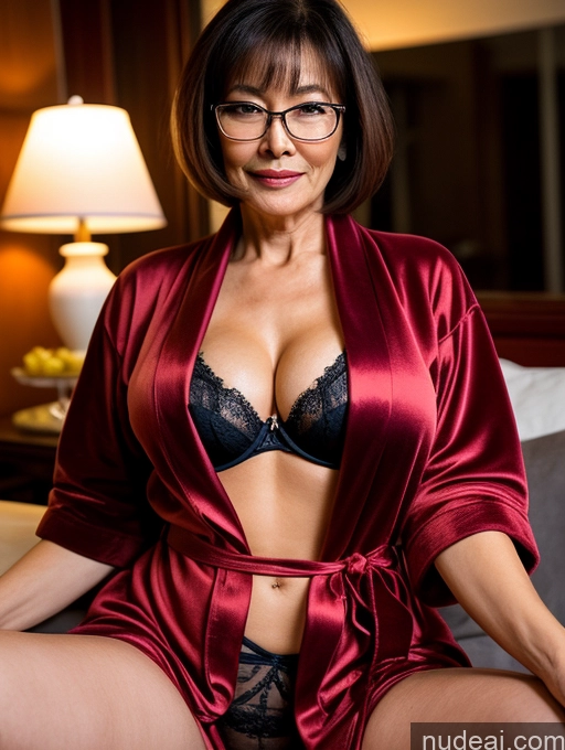 ai nude image of arafed woman in a red robe and glasses sitting on a bed pics of Milf Perfect Boobs Perfect Body Beautiful Glasses Pubic Hair 60s Sexy Face Pixie Chinese Party Bathrobe Bra Stockings Dark Lighting Detailed Spreading Legs