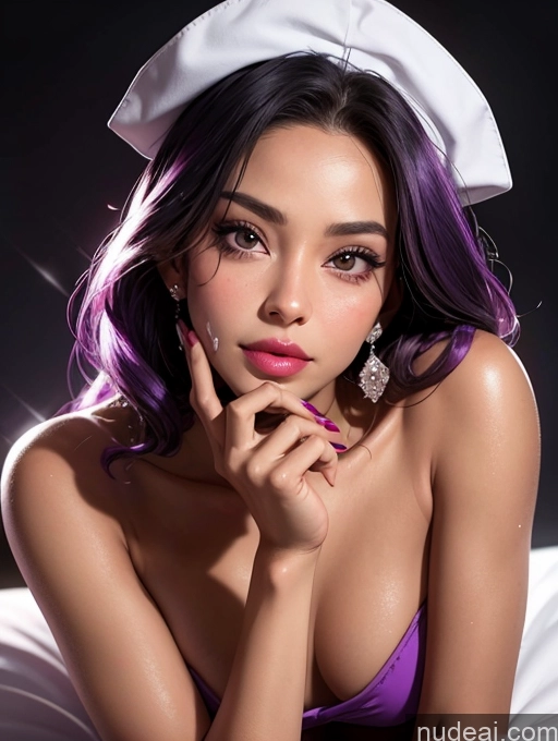 ai nude image of arafed woman with purple hair and a white hat posing for a picture pics of Two Tanned Skin Dark Skin Oiled Body Happy Seductive Pouting Lips Purple Hair Ethiopian High Heels Nurse Diamond Jewelry Pearl Jewelry Wine